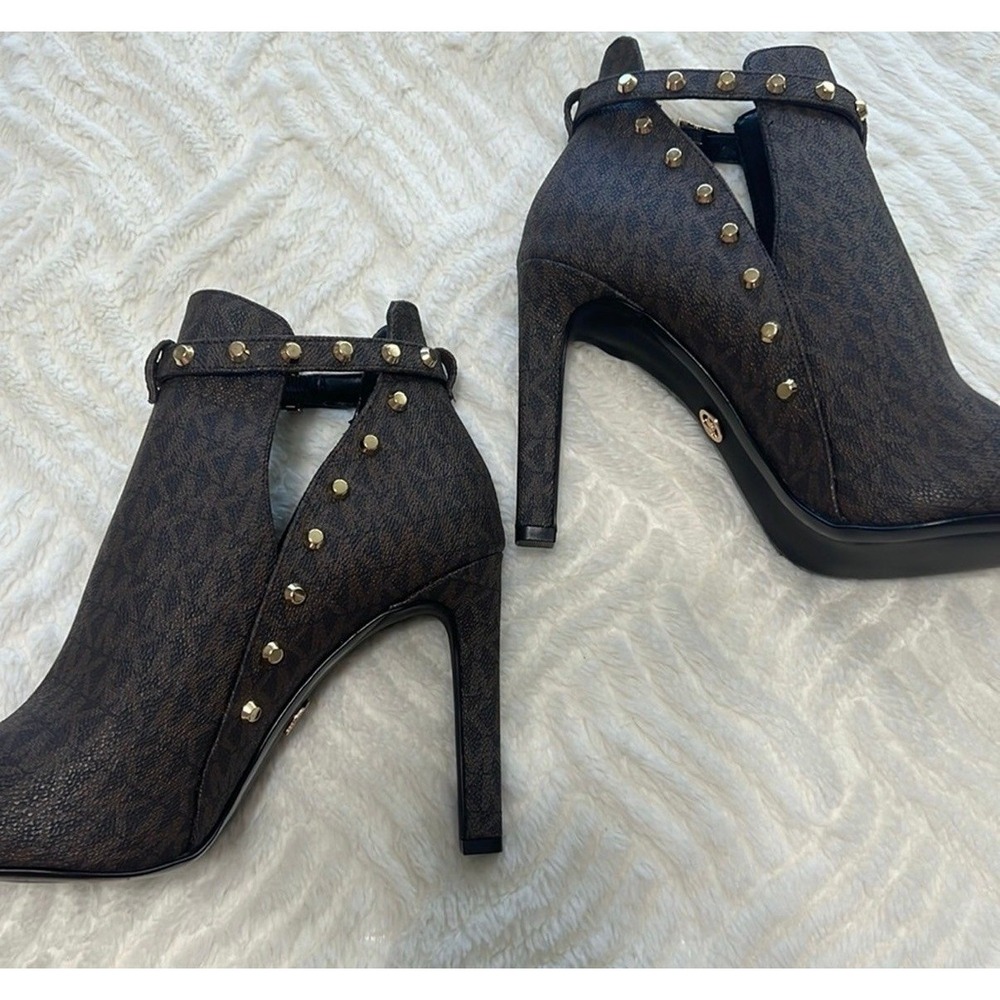 Michael Kors Logo Lawson Studded Heels – Brown Peep Toe Booties – Size 9M - Picture 8 of 12